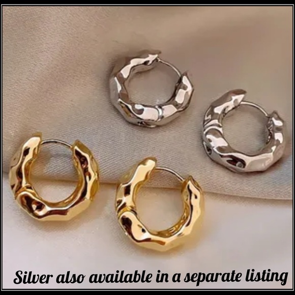 New gold nugget chunky mod textured huggie hoop earrings - Picture 7 of 7